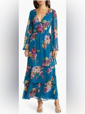 Fourteenth Place Balboa Tiered Floral Print Chiffon Maxi Dress Formal Dress